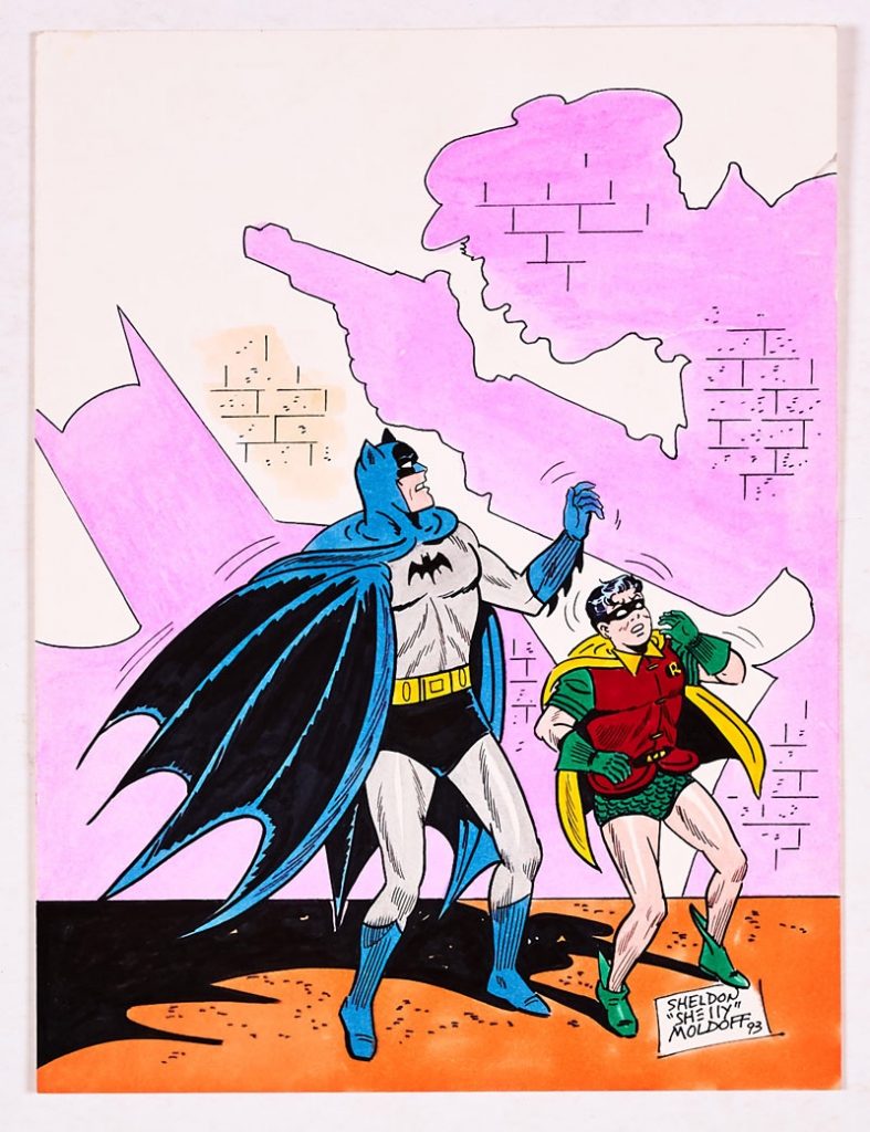 Batman and Robin colour sketch drawn, painted and signed by Shelly Moldoff (1993). Watercolour on card. 12 x 9 ins