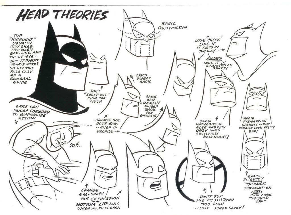 Batman by Bruce Timm. Do you want to  build a masked vigilante? Bruce Timm's hand script and design, from the Batman Animated Series Bible. “Learn how to draw Batsy's head,” offers animator Ronnie Del Carmen. “What do to & what not to do. I kept placing the mouth lower than indicated so watch out for that”