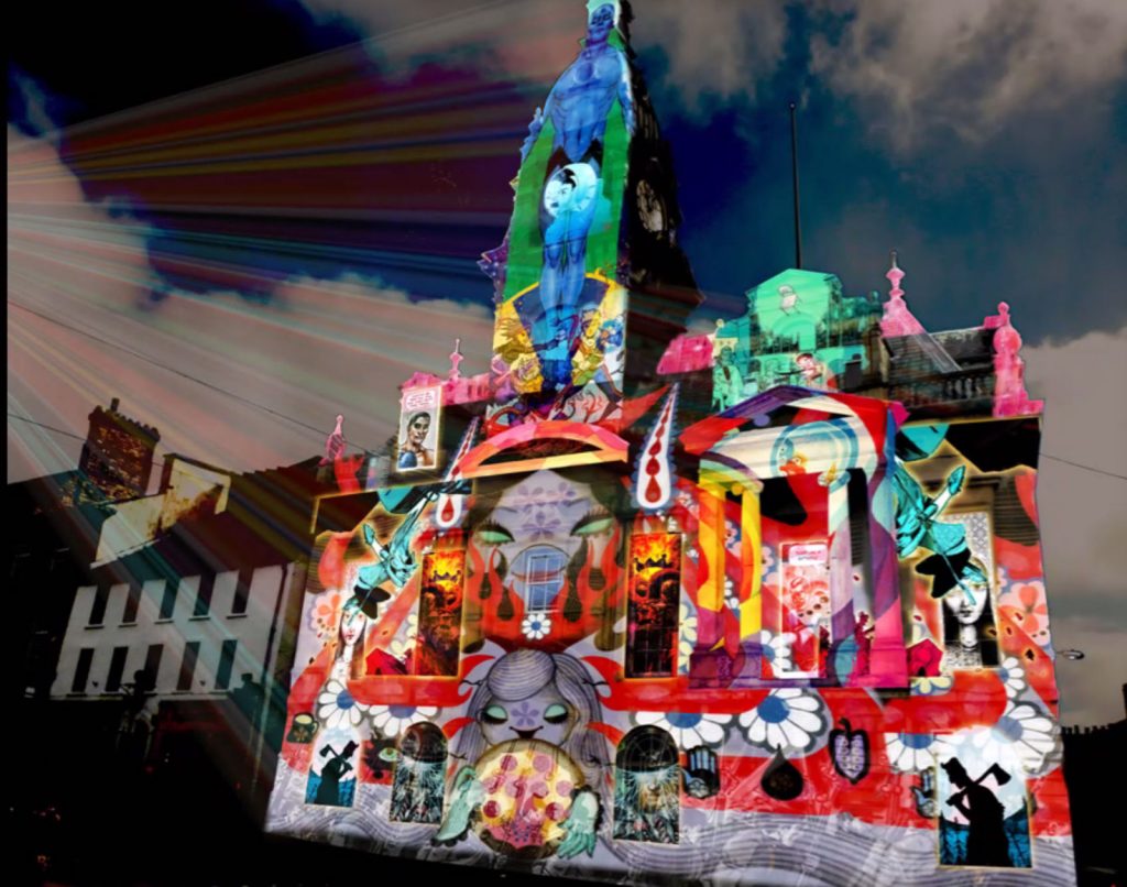 The planned Illuminos-created "Light Up" of Kendal Town Hall, taking place the weekend before the virtual LICAF Live