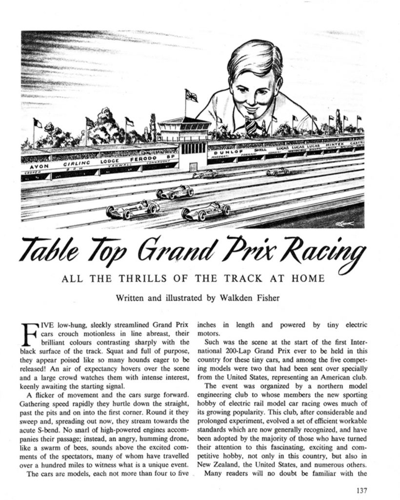 The opening page of Walkden Fisher’s slot car racing article for the Eagle Annual Volume 8. Contemporary photographs suggest it is his son who was the model for the racing fan admiring the track