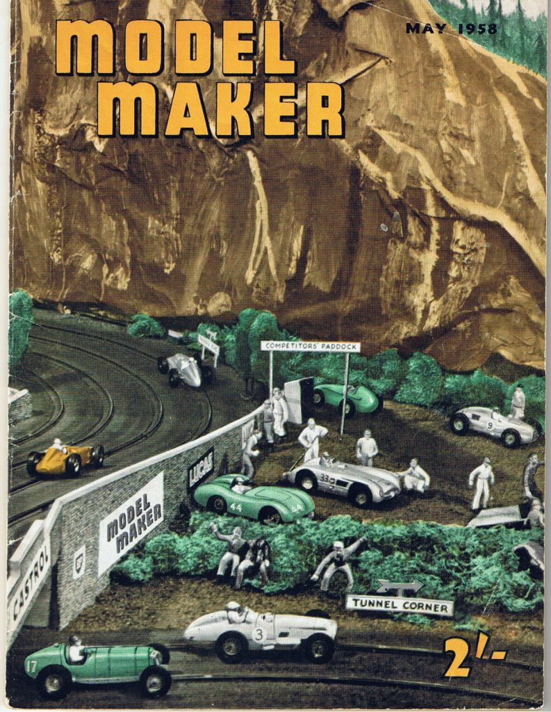Southport ARRA’s slot car racing track, featuring detailed design work by Walkden Fisher, on the cover of Model Maker magazine, May 1958