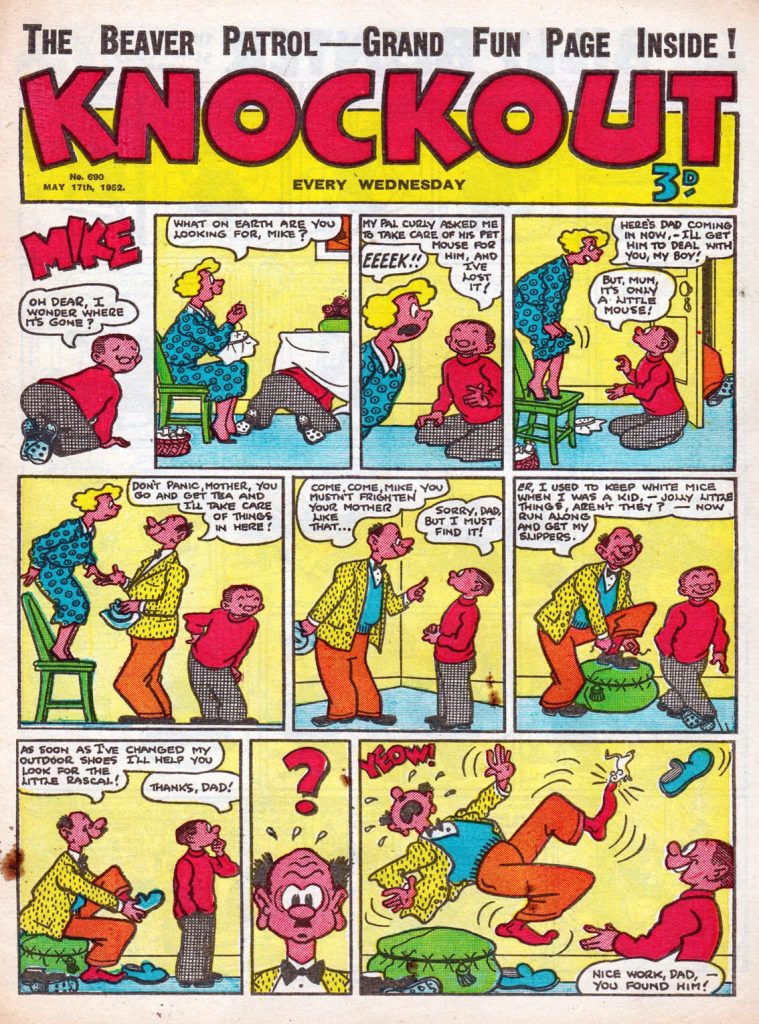 Eric Roberts provided “Mike” for Knockout for over 10 years. Here’s the strip on the cover of Issue No. 690, which went on sale on Wednesday 14th May 1952, cover dated 17th May, the “off sale” date. Image courtesy Lew Stringer. © Rebellion Publishing Ltd.