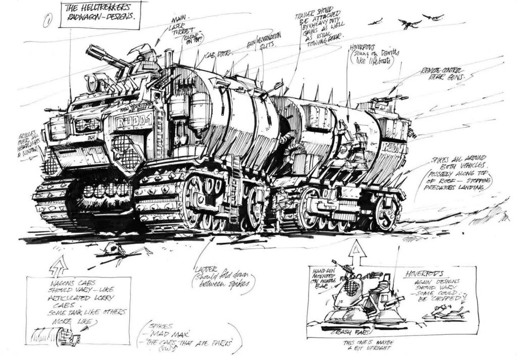 Robin Smith's design for the Helltrekkers Rad Wagons for the abandoned 1984 Judge Dredd spin-off comic