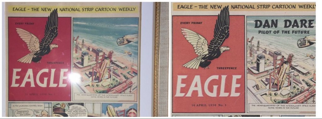 Spot the Difference: left, the promotional issue, with a different cover date and sans “Pilot of the Future” caption; right, Eagle Issue One, as published 