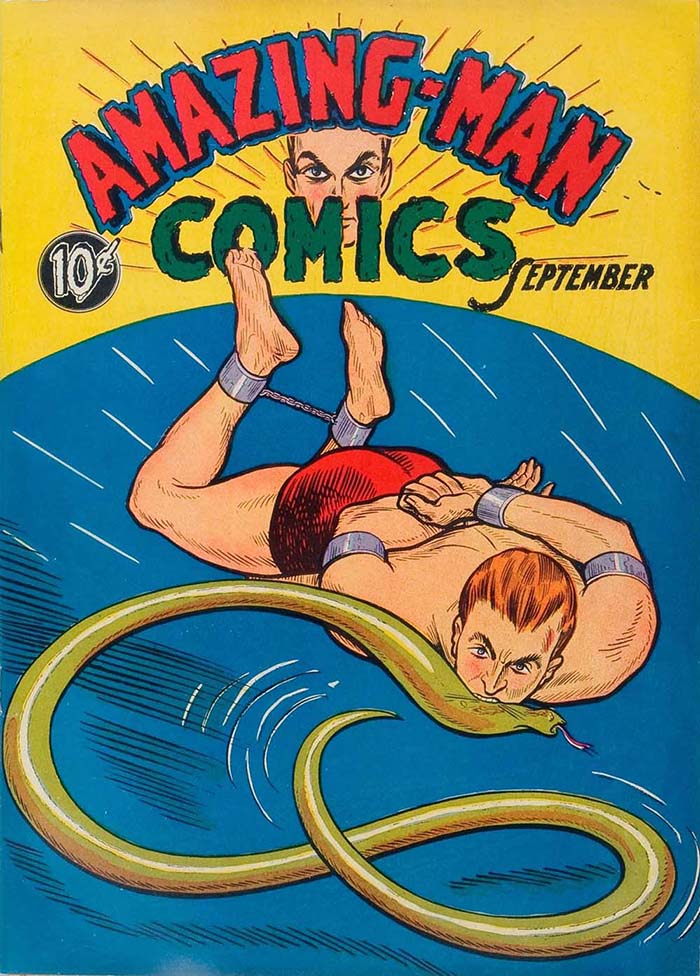 The cover of Amazing-Man Comics #5, published in September 1939 by US publisher Centaur. Some Centaur characters have been revived in recent years by Dynamite Entertainment under their Project Superpowers title 