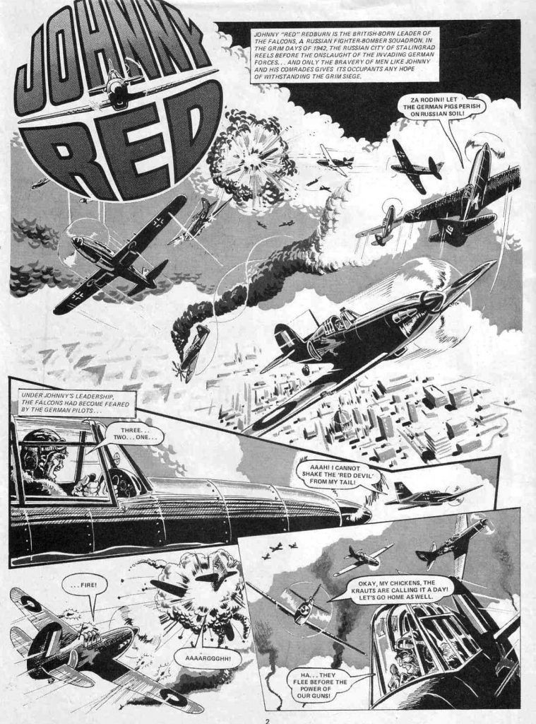 While the bulk of Peter Foster's career in the UK was for DC Thomson, he draw some strips for IPC, most notably an eight-page "Johnny Red" story for the 1979 Battle Holiday Special. Peter was the third artist to depict the adventures of Johnny Red, after original artist Joe Colquhoun and his successor John Cooper. For the grey tones on this strip, Peter used grey paint which he later lamented would have been easier to achieve with watered down ink.