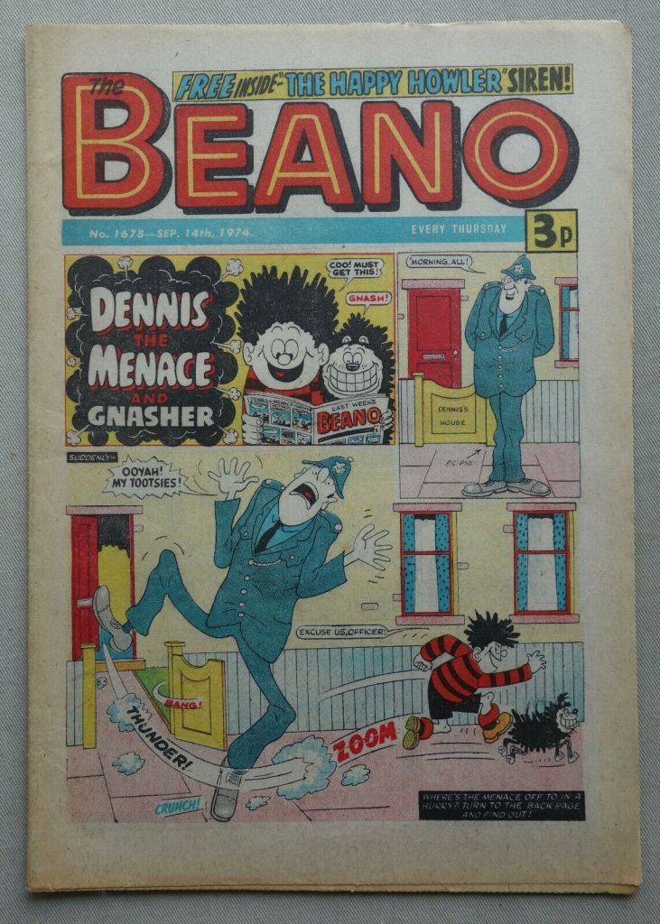 Beano 1678 cover dated 1th September 1974 – First “Dennis the Menace” Cover