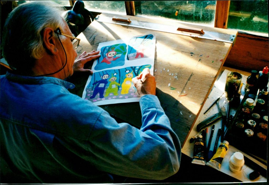 Bill Titcombe at work on a Teletubbies illustration