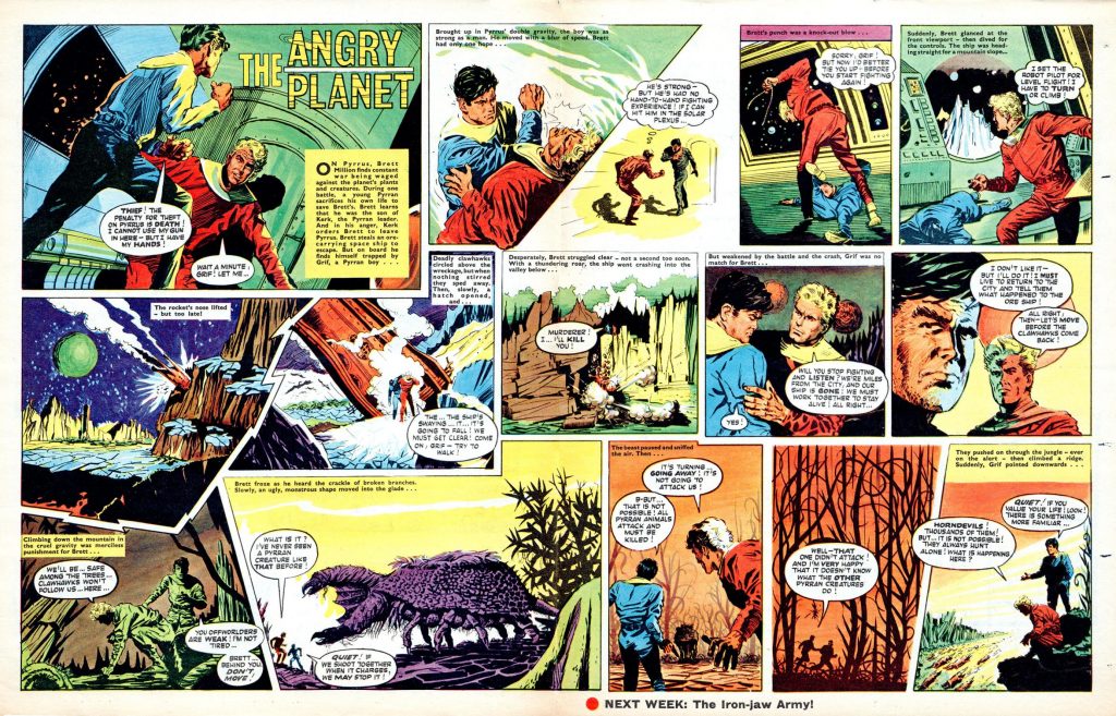 An episode of "Angry Planet" the first Brett Million story for Boy's World, from the issue  cover dated 5th October 1963, scripted by Harry Harrison with art Frank Langford (aka Cyril Eidlestein). Brett Million ran in Boy's World Boys' World Volume One from Issue 45 through to Volume, Issue 17, with "Ghost Planet" drawn by Frank Bellamy