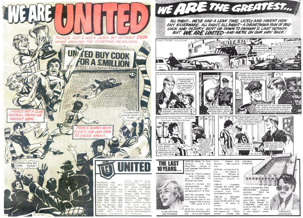 The opening spread of "We Are United" from Champ No. 1, launched in February 1984. Peter recalls DC Thomson were impressed with his test pages and It ended up being the longest run of any of the strips he worked on, but it's not a strip he remembers fondly. "It meant I soon ran out of new ways of presenting football action," he recalled. "I fought to prevent boredom but not always with any great success because I was only repeating myself."  "The very first opening was about the whole team and the support people. I therefore had to invent a huge number of characters. Unbeknownst to me, the second script was about the sacking of about a third of the team and the building up of a new group. A large number of the new team had to be re-invented. I felt my first effort had gone to waste. Had I known that was going to happen I'd have not tried to be so creative."