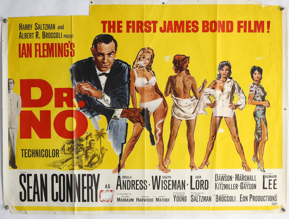 James Bond Dr No (1962) British Quad film poster for the first James Bond film, illustration by Mitchell Hooks, starring Sean Connery, folded, 30 x 40 inches. Clean bright colours, paper loss section upper left, and to all other corners, snipe has been removed, some paper lift to other areas. Some creasing. With restoration could be a very good purchase