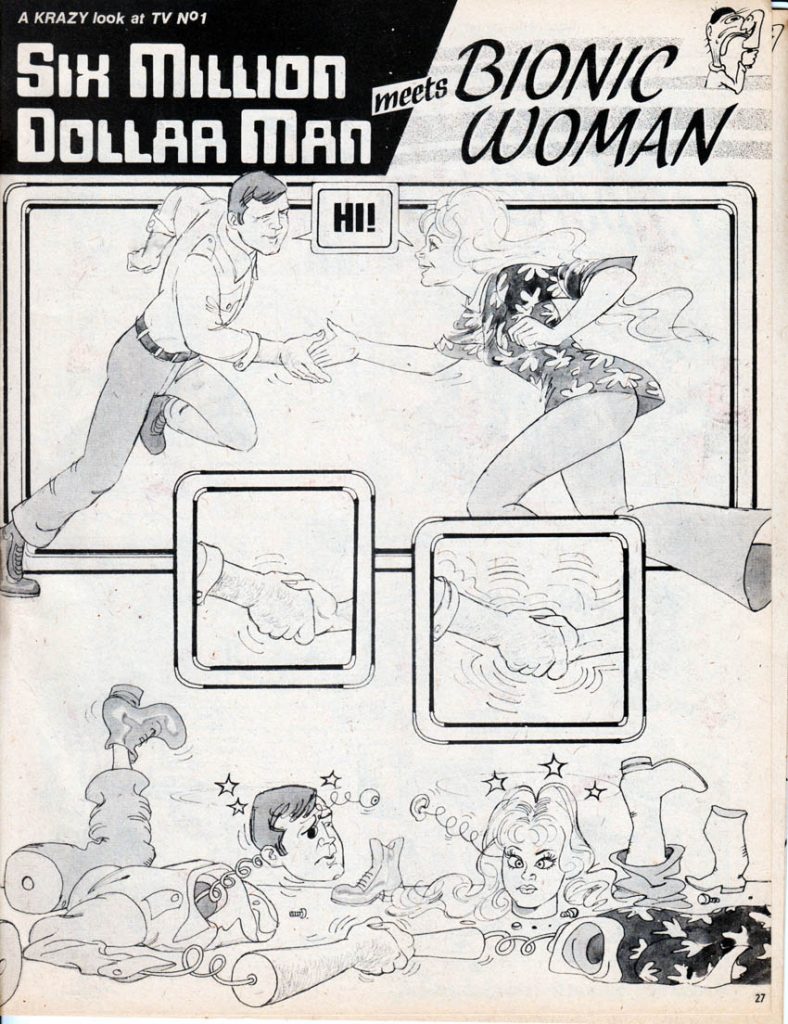 Bill Titcombe provided numerous one-page gag panels for Krazy, including this meeting of The Six Million Dollar Man with The Bionic Woman for the title's first issue, published in 1976