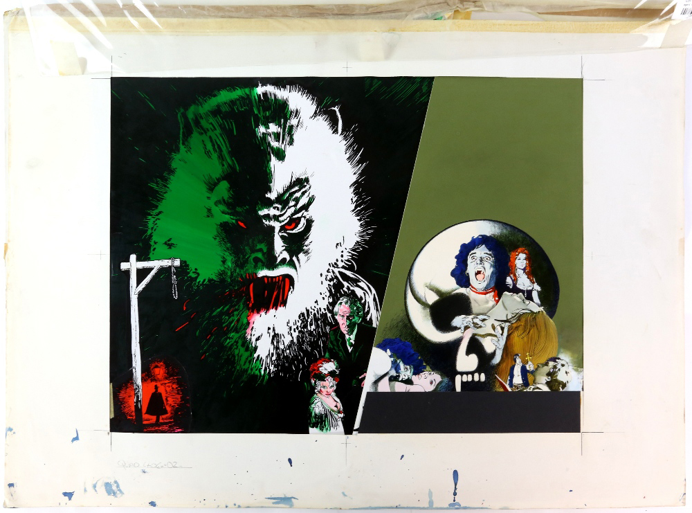 Legend of the Werewolf / Vampire Circus (1975) Original Vic Fair painted artwork for the double-bill British quad poster, multi-media on paper, backed on board, attached acetate overlay with credits, in mount, 29 x 21 inches