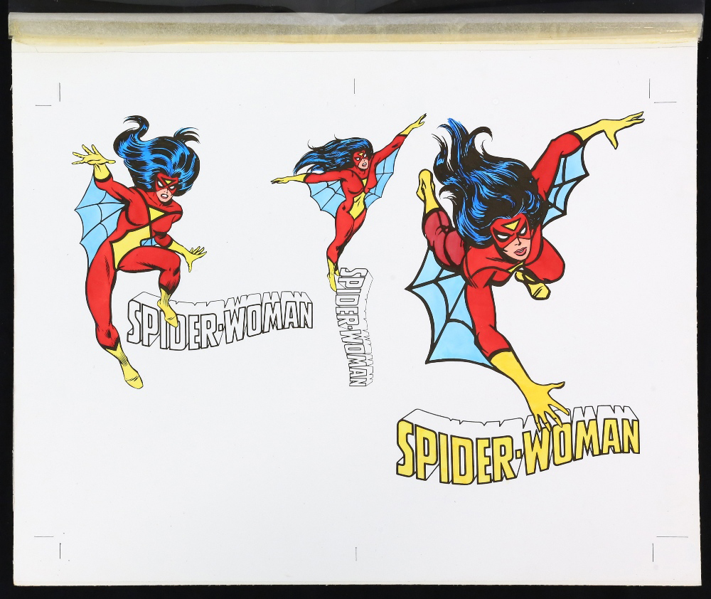 Spider-Woman - Original artwork for the VHS cover 'Cassette 2' (1984), with acetate and paper overlay showing colour options, details and layouts, on board, 27 x 34 cm.