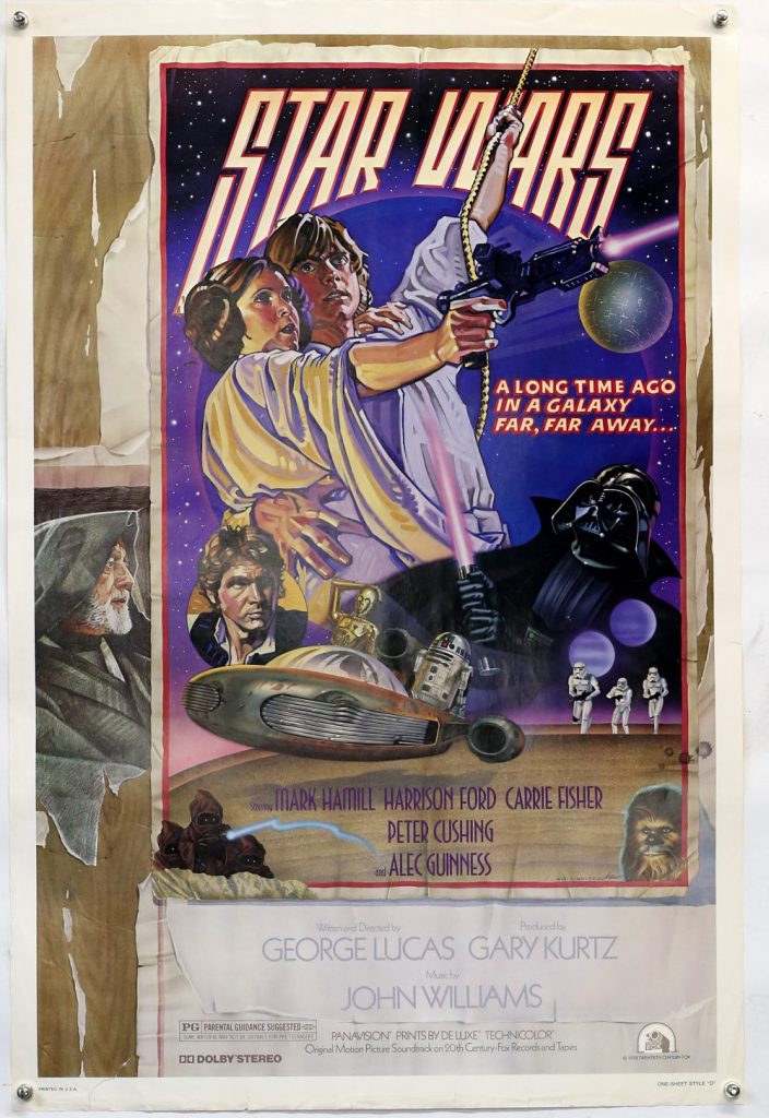 Star Wars (1977) US One Sheet film poster, Style D, artwork by Drew Struzan and Charles White, the favoured style by George Lucas, rolled, 27 x 41 inches. Small tear to lower edge and right hand edge