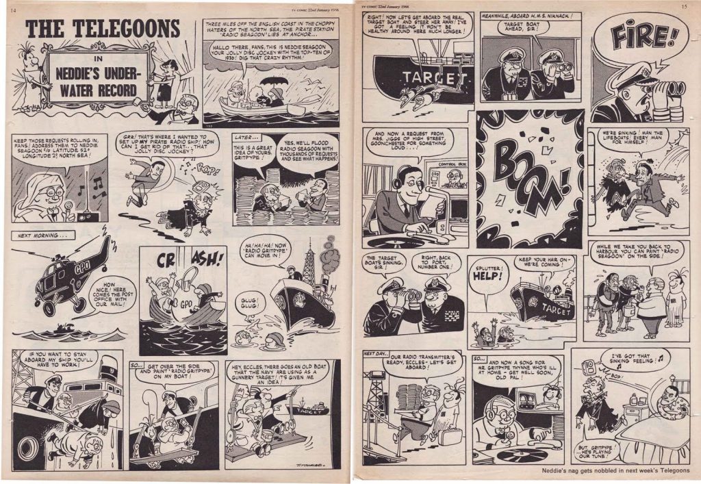 A episode of "The Telegoons" for TV Comic, drawn "zip and vigour by the wonderful Mr Bill Titcombe", notes fellow artist Nigel Parkinson