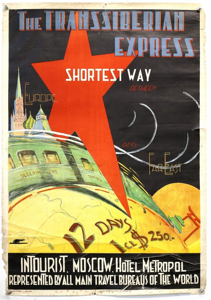 Soviet Travel Poster (1930's) Original Soviet Intourist Travel Poster, “Trans Siberian Express”, Russia, Intourist travel poster, 'Trans Siberian Express Shortest way between Europe and the Far East, Intourist Moscow, Hotel Metropol represented by all main travel bureaus of the world', rolled, 27 x 39 inches