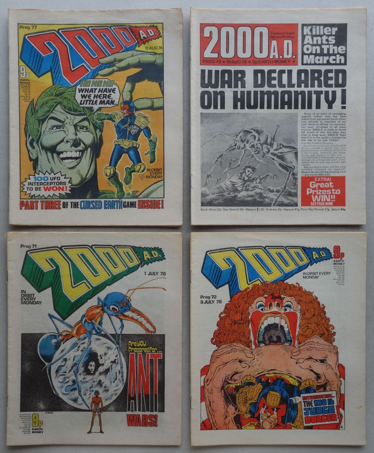 2000AD Progs 71, 72, 77, 78 - the "Banned" issues, a title describing the Judge Dredd strip inside which faced copyright issues from leading fast food companies at the time of first publication
