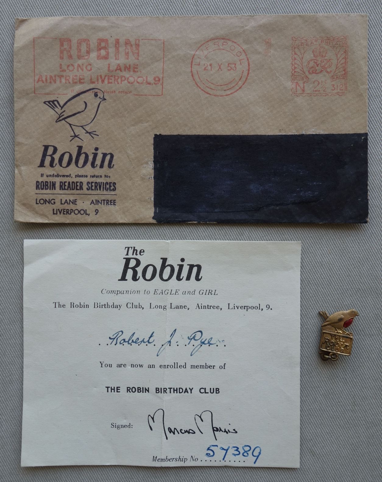 Robin Comic Birthday Club Membership, Badge and Envelope (1953)