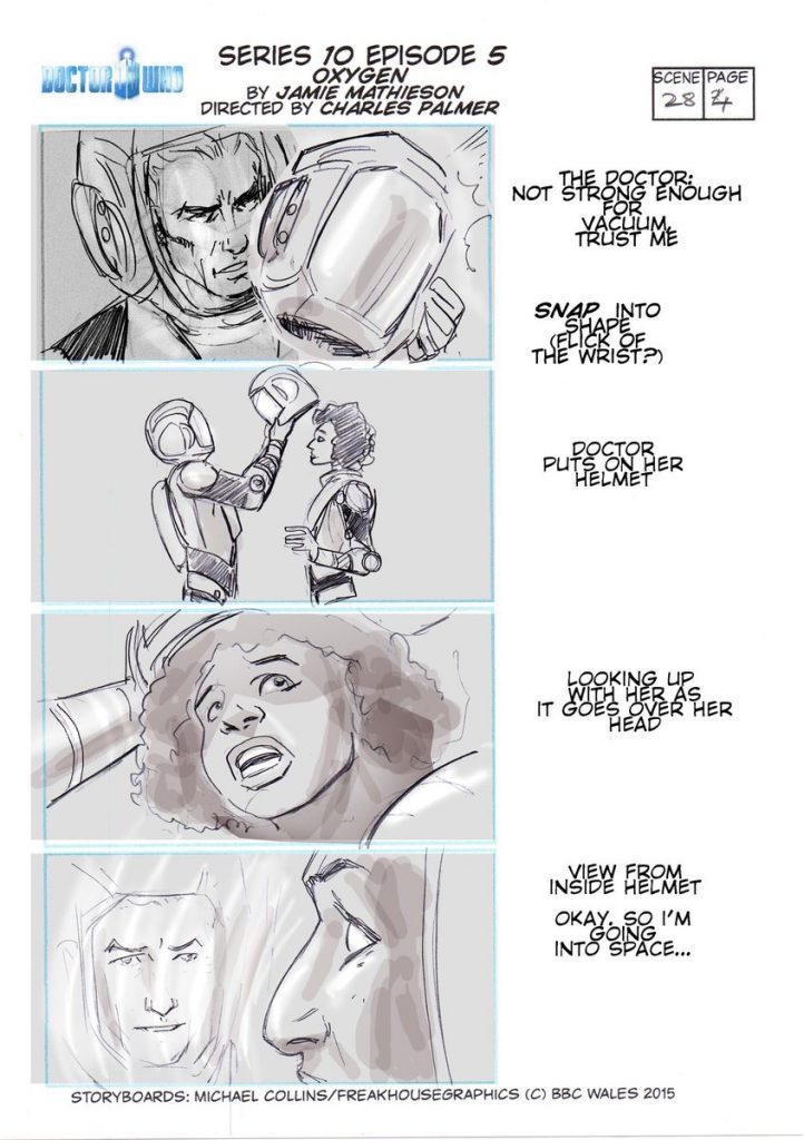 Some of Mike Collins’ storyboards for the Doctor Who TV show