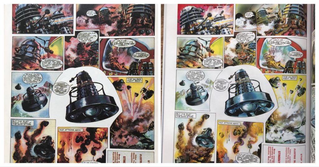 A quick comparison of how the 1994 Marvel UK Dalek Chronicles collection looks next to the newly restored release. “The enhanced colours and clean line work are a real treat,” notes @DalekTweets