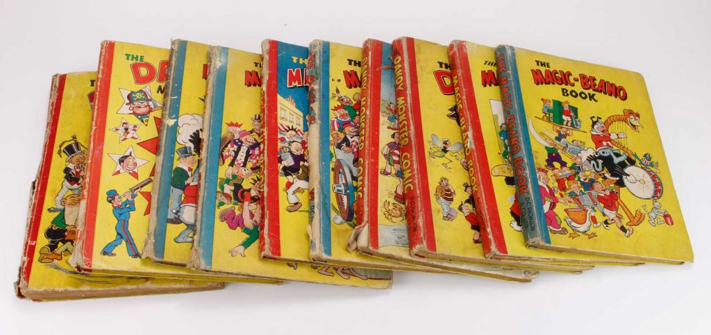 Ten early Beano and Dandy Annuals, comprising The Beano Book 1942, The Magic Beano Book 1945 to 1950; Dandy Monster Comic 1946, 1947 & 1950, all original boards, some with loss to spines, usual overall wear with the occasional juvenile scribble etc