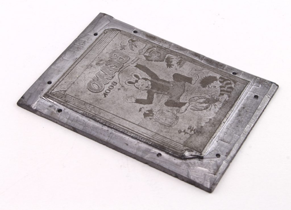 A metal printing plate depicting the front cover of The Beano Book 1954, probably used for advertising purposes in the comics running up to Christmas for that year