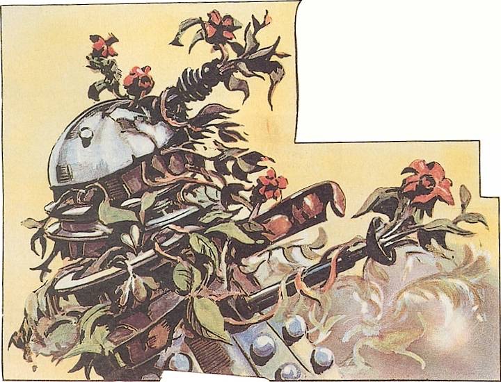 Let’s be honest. Daleks are not known for their gardening skills. A Dalek is destroyed by a deadly Amaryll flower in the TV Century 21 “The Daleks” story, “The Amaryll Challenge,” published in 1965, art by Richard Jennings. You can read this story in the new “The Daleks” Bookazine