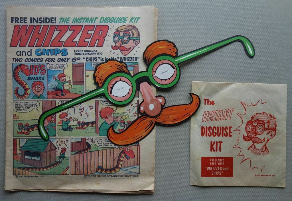 Whizzer and Chips cover dated 28th February 1970, with free Disguise Kit gift