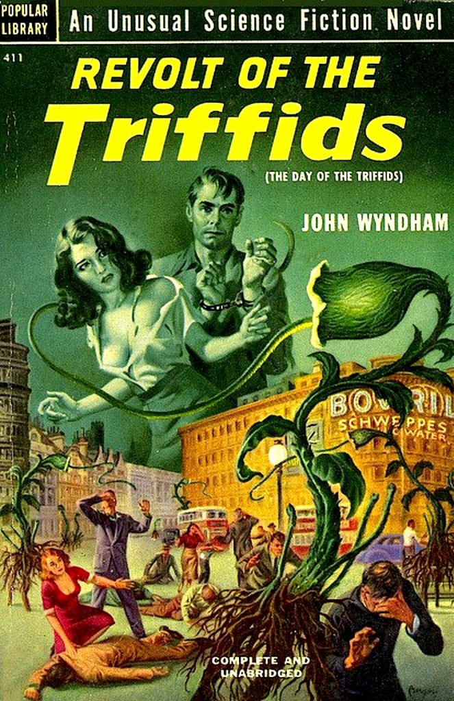 The French graphic novels were titled in the style of other editions of John Wyndham’s novel, which was published as “Revolt of the Triffids as a Popular Library title (Number 411), in 1952. Cover art by Earle Bergey