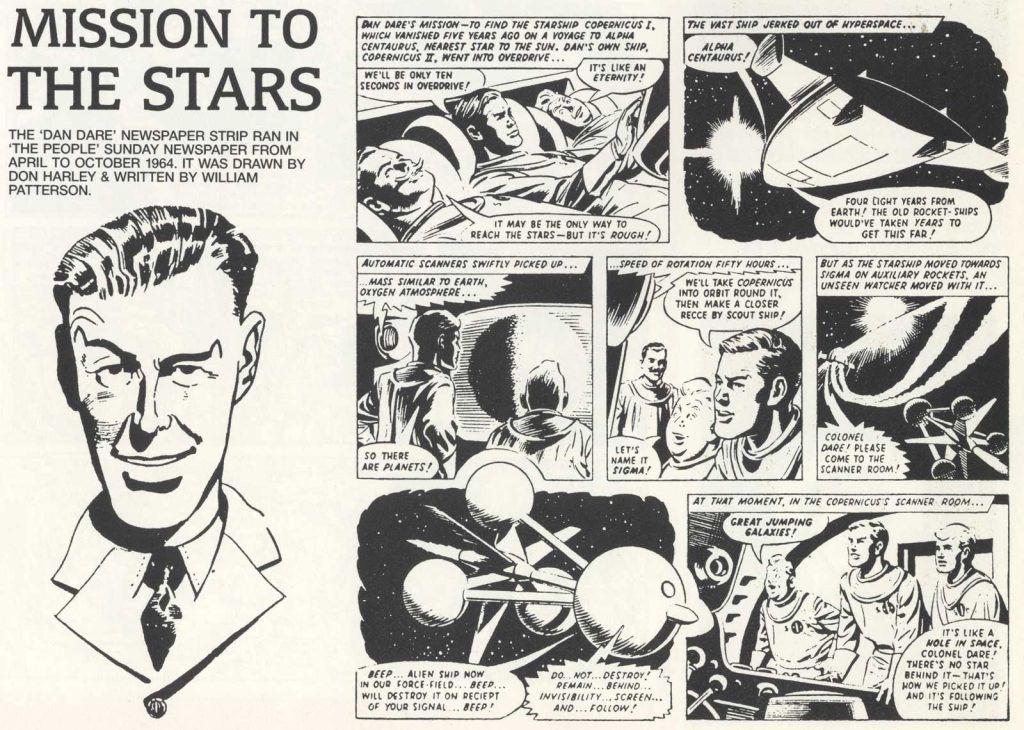 The opening episode of Dan Dare: Mission to the Stars, as presented in Hawk Books Dan Dare Dossier. Art by Don Harley