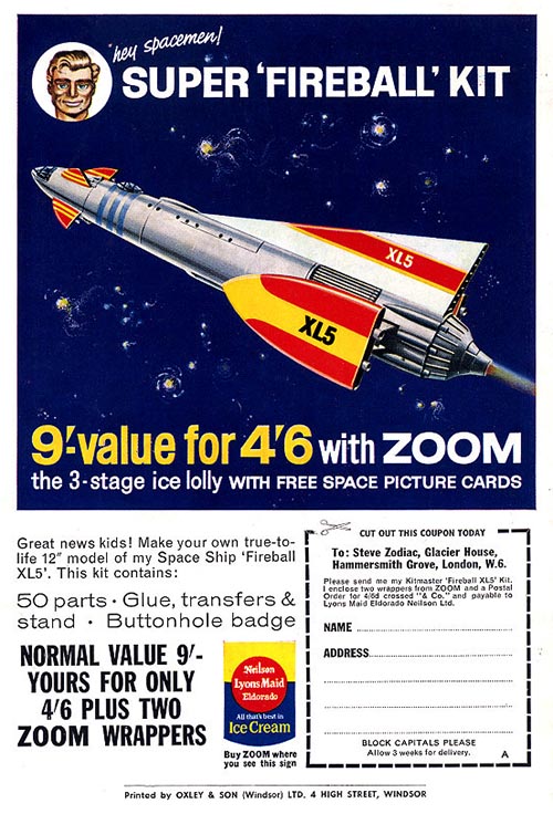 The Lyons Maid Kitmaster Fireball Xl5, as advertised in a 1963 issue of Airfix magazine