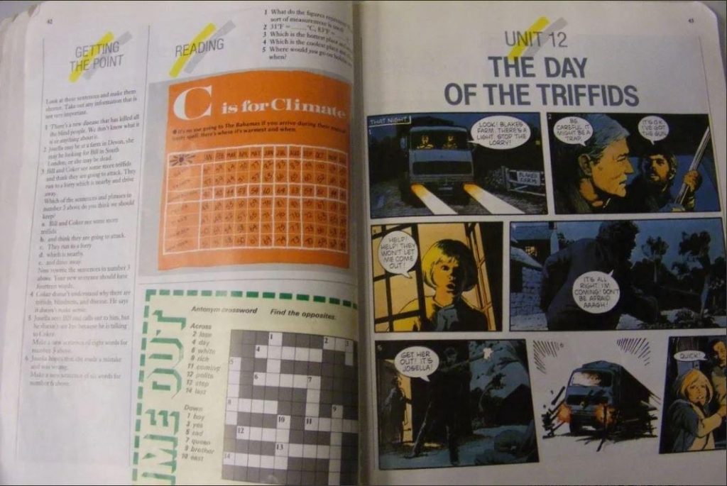 English Visa Student Work Book by Jon Blundell - 1980s edition featuring Day of the Triffids strip by Arthur Ranson