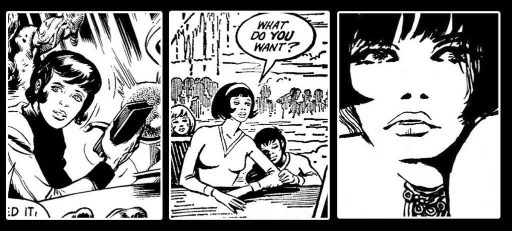 Left to right: Massimo Belardinelli's "Ziggy Rodan" from 2000AD's take on "Dan Dare"; Marsha Matthews from "The Angry Planet"; and Italian comic star Valentina, art by Guido Crepax