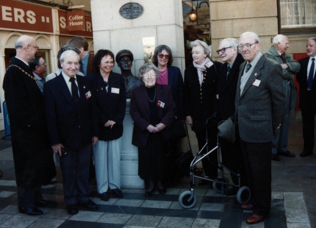 The Dan Dare sculpture unveiling in Southport in 2000. From the left: The Deputy Mayor of Sefton Council, Robert Brennan, Don Harley, Kate, Peter Hampson, Sally, Margaret Jackson (Frank Hampson’s sister) Jan, Greta Edwards (nee Tomlinson), Chad Varah and Derek Lord. Photo courtesy David Britton