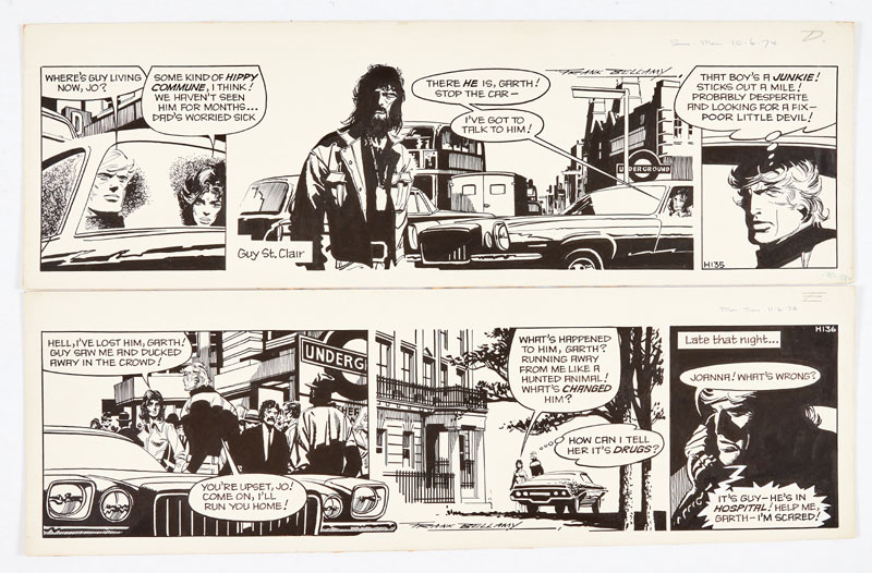 Garth: 'Freak Out to Fear', two original consecutive artworks (1974) both signed by Frank Bellamy for the D. Mirror 10/11 June 1974