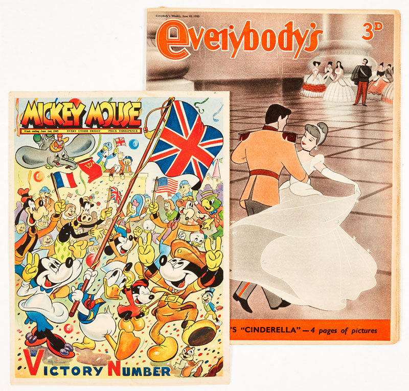 Mickey Mouse VE Day Victory Number (June 2 1945) With Everybody's Weekly (June 10 1950) showing Disney Cinderella cover and four page centre story and pictures