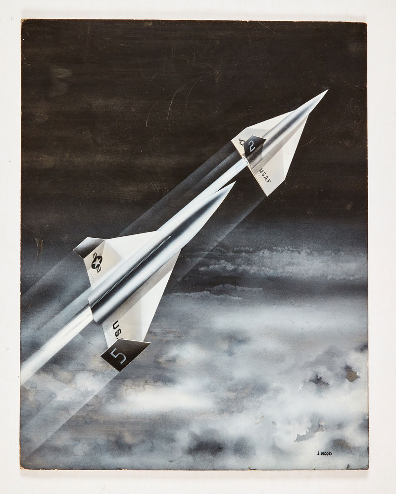 Illustration from RAF Magazine (1960s) showing futuristic USAF rocket planes. Artist unconfirmed but not L. Ashley Wood as first listed 