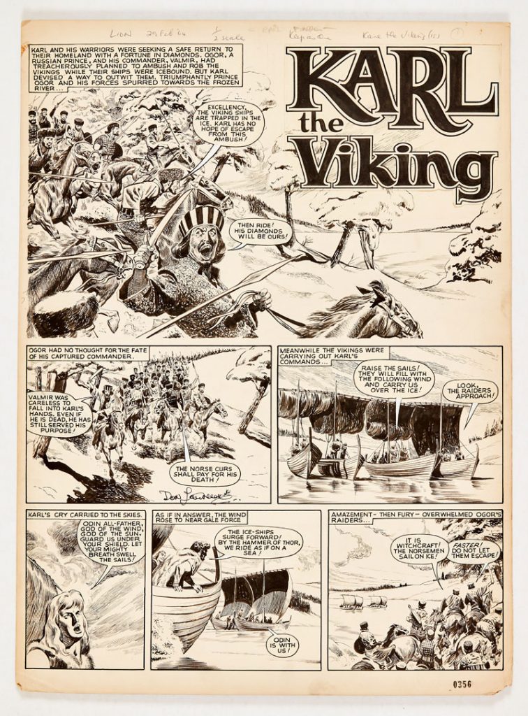 Karl The Viking original artwork (1964) drawn and signed by Don Lawrence for Lion 29 Feb 1964 Prince Ogor's raiders charge down Karl's ships on the ice
