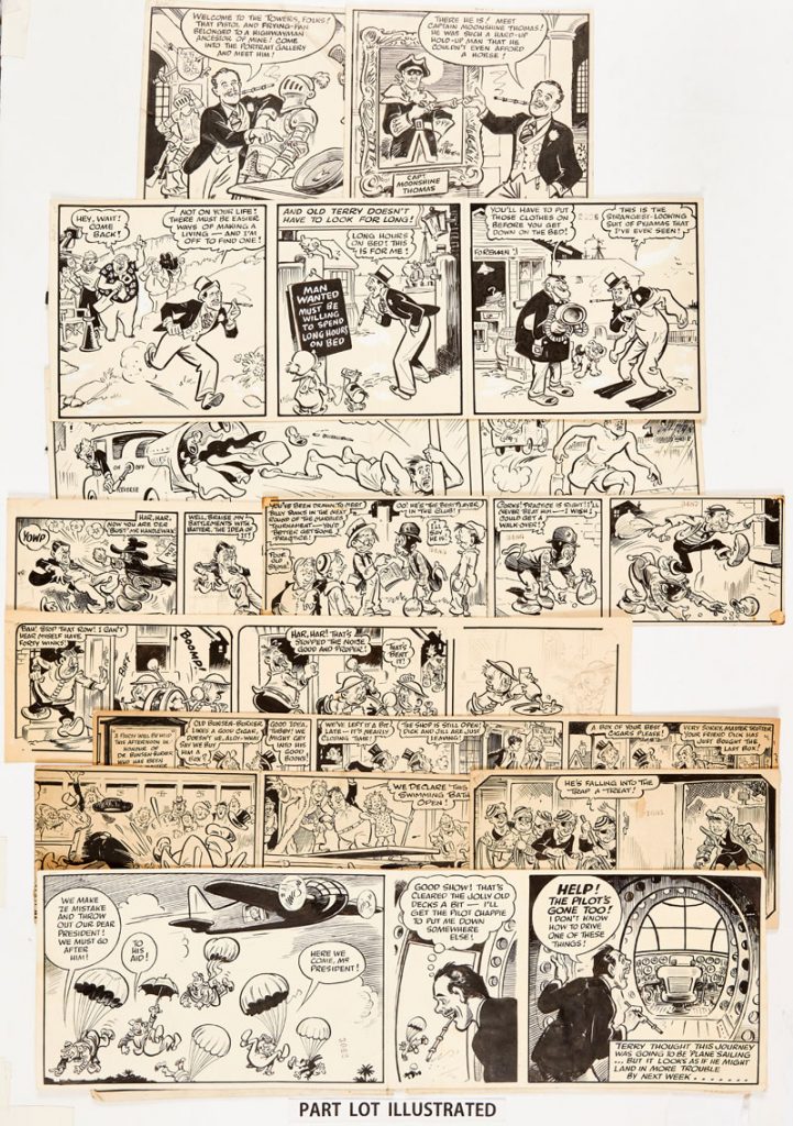 Roy Wilson original artwork (1940s-50s) of Terry Thomas from Film Fun: 5 strips and 2 larger panels, Stymie and his Magic Wishbone from Radio Fun: one strip. With 4 other strips and one panel from Tip Top, Funny Wonder and Wonder Comic. Total: 10 strips and 3 panels. From the Bob Monkhouse Archive