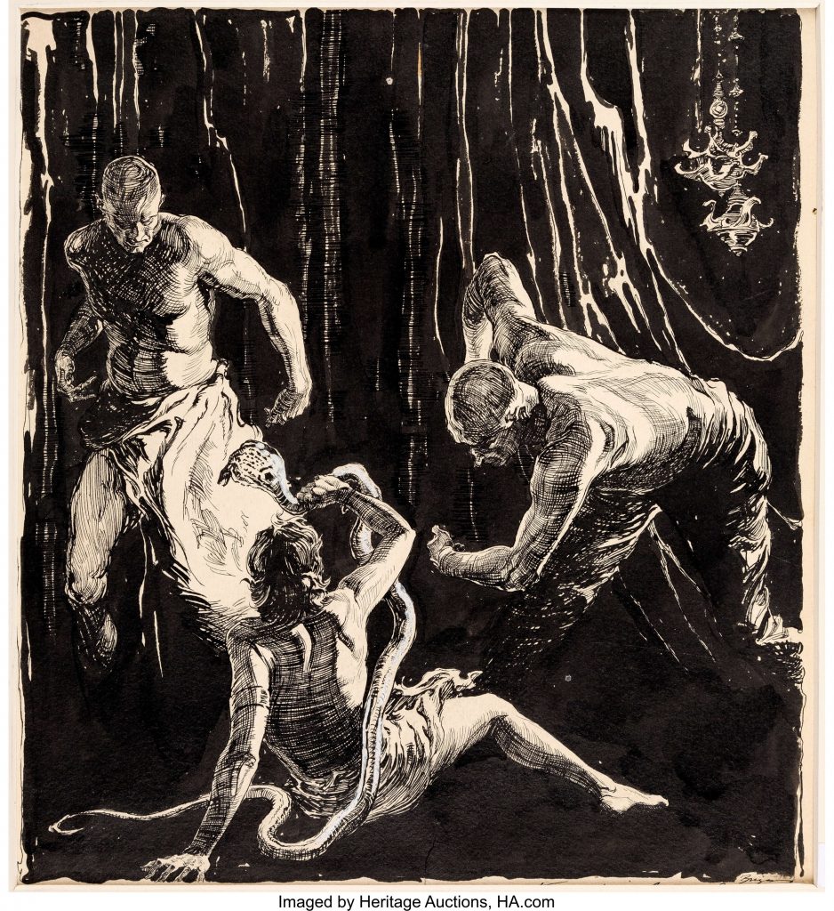 A pen and ink fantasy Illustration by Austin Briggs - from the 1930s, radiating exotic menace. This is from Briggs pre-Flash Gordon period, when the artist often paid stylistic homage to Fu Manchu illustrator Joseph Clement Coll. Image: Heritage Auctions