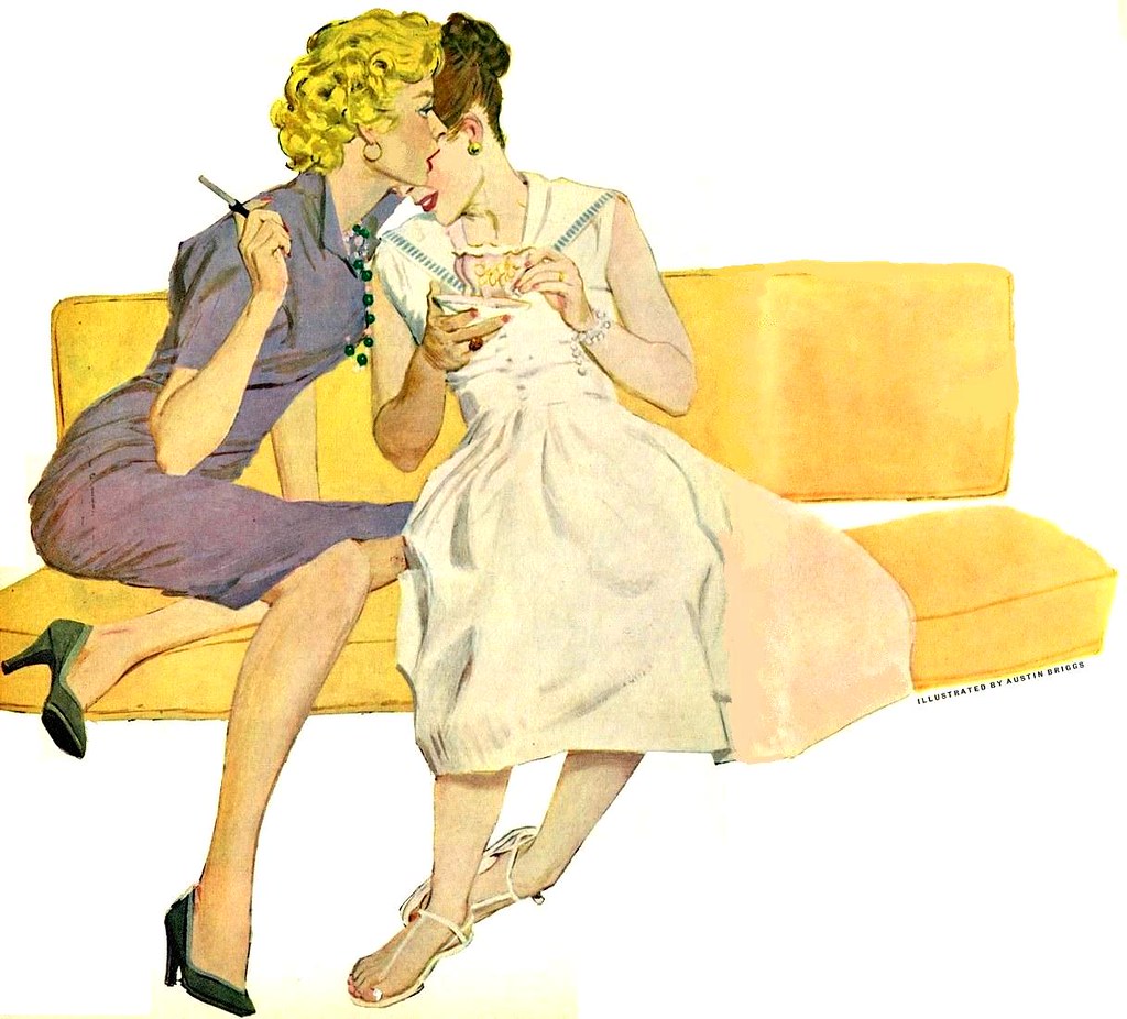Women share a secret. Illustration by Austin Briggs