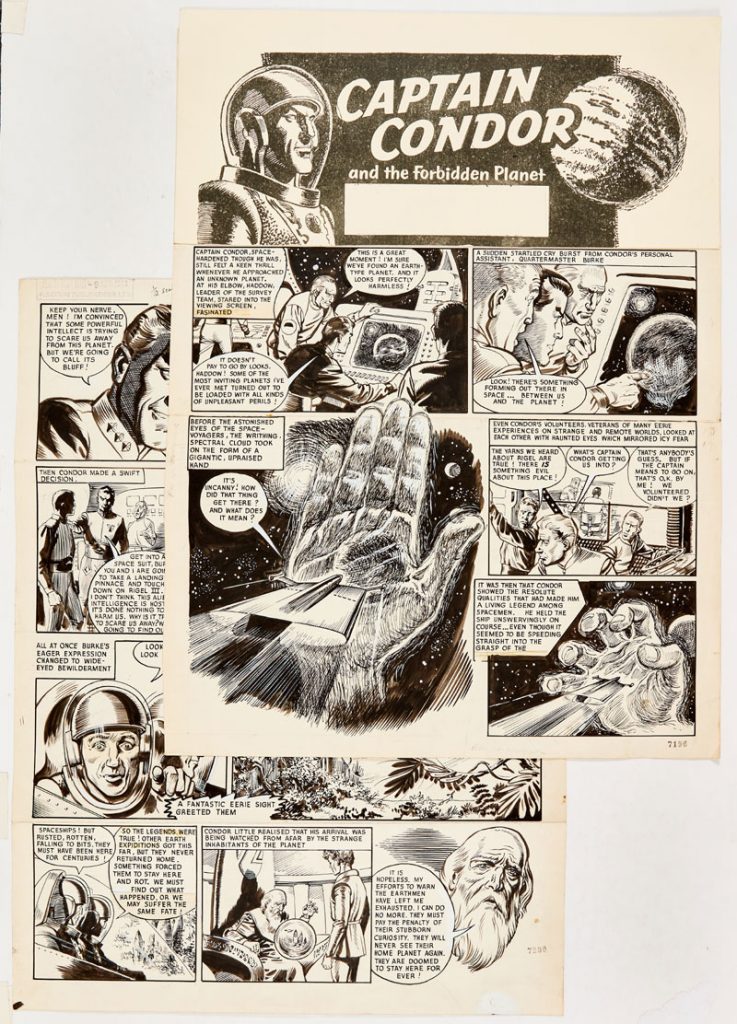Captain Condor original 2-page artwork (1960) by Geoff Campion for The Lion 9 April 1960 A writhing intergalactic cloud takes on the form of a giant upraised hand. (Note - this art initially wrongly attributed to Ron Forbes)