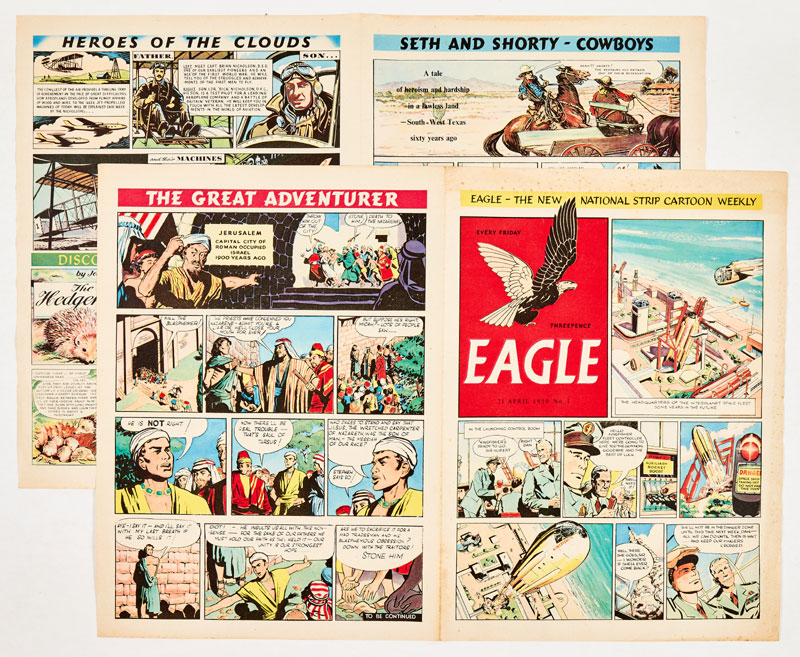 Eagle No 1 promotional issue (1950) This 8 pg full colour comic was distributed to churches and schools in the UK to publicise the imminent print run of Eagle No 1. Its front cover has no 'Dan Dare Pilot of the Future' header - with a different date of 21 April 1950
