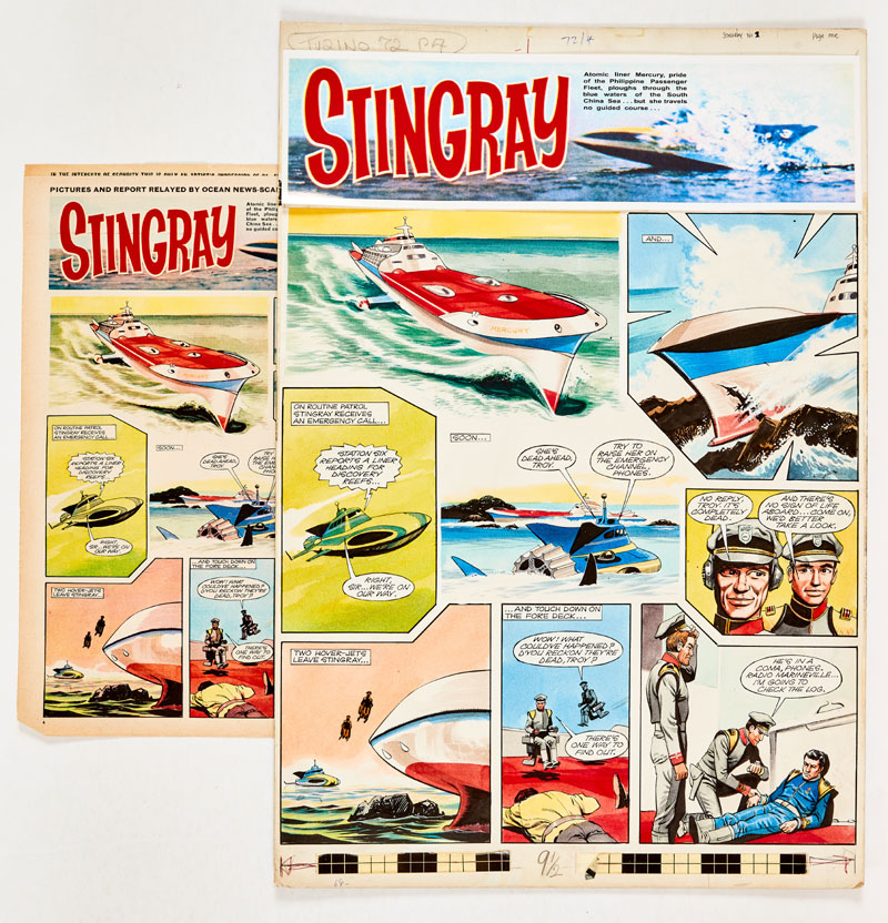 Stingray original artwork (1966) by Gerry Embleton for TV Century 21 No 72 June 1966 The Atomic liner, Mercury smashes into the Discovery Reefs near where Stingray is on patrol. Troy and Phones hover-jet to the deck to find the crew in a coma… and The Brothers of the Dragon are not far away...