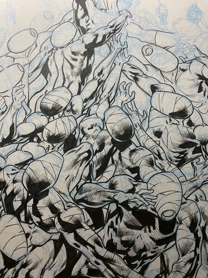A snapshot of Bryan Hitch's progress inking Jack Katz's cover to the unpublished story "Artemis Rising".