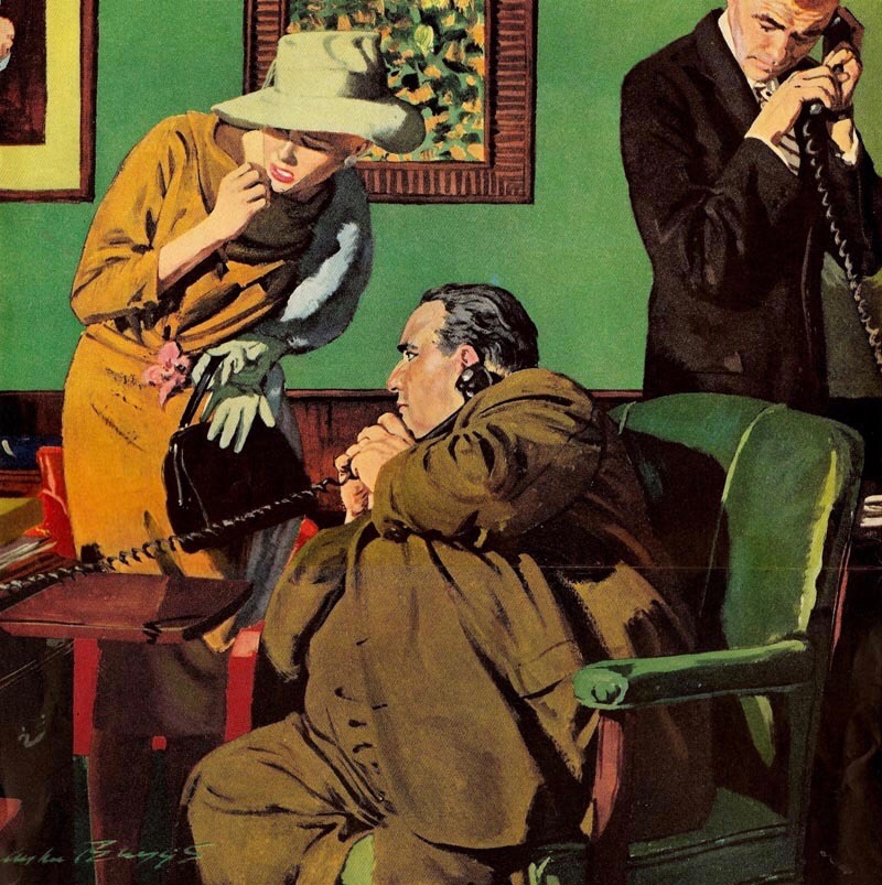 An illustration for a “Nero Wolfe” story by Austin Briggs for the Saturday Evening Post. Via ArtContrarian