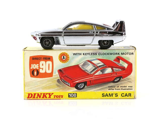Dinky Toys - No. 108, Sam's Car from Joe 90, silver finish die cast model with lapel badge attached to inner tray. Image: Ewbanks