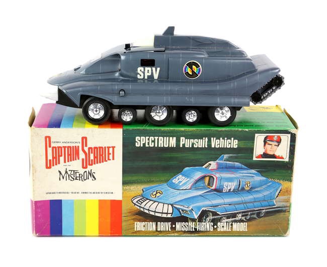 Captain Scarlet and the Mysterons - Century 21 Toys Gerry Anderson's Captain Scarlet and the Mysterons Spectrum Pursuit Vehicle, friction drive plastic model, complete with sliding door with driver, passenger for ejector seat, boxed, dimensions of box 27 x 12 x 11 cm. Image: Ewbanks