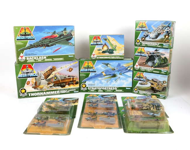 Collection of Kenner Mega Force plastic models, to include Battle Tanks, Stratofortress, Thornhammer Mobile Launch Complex, Crossbolt and others. Image: Ewbanks